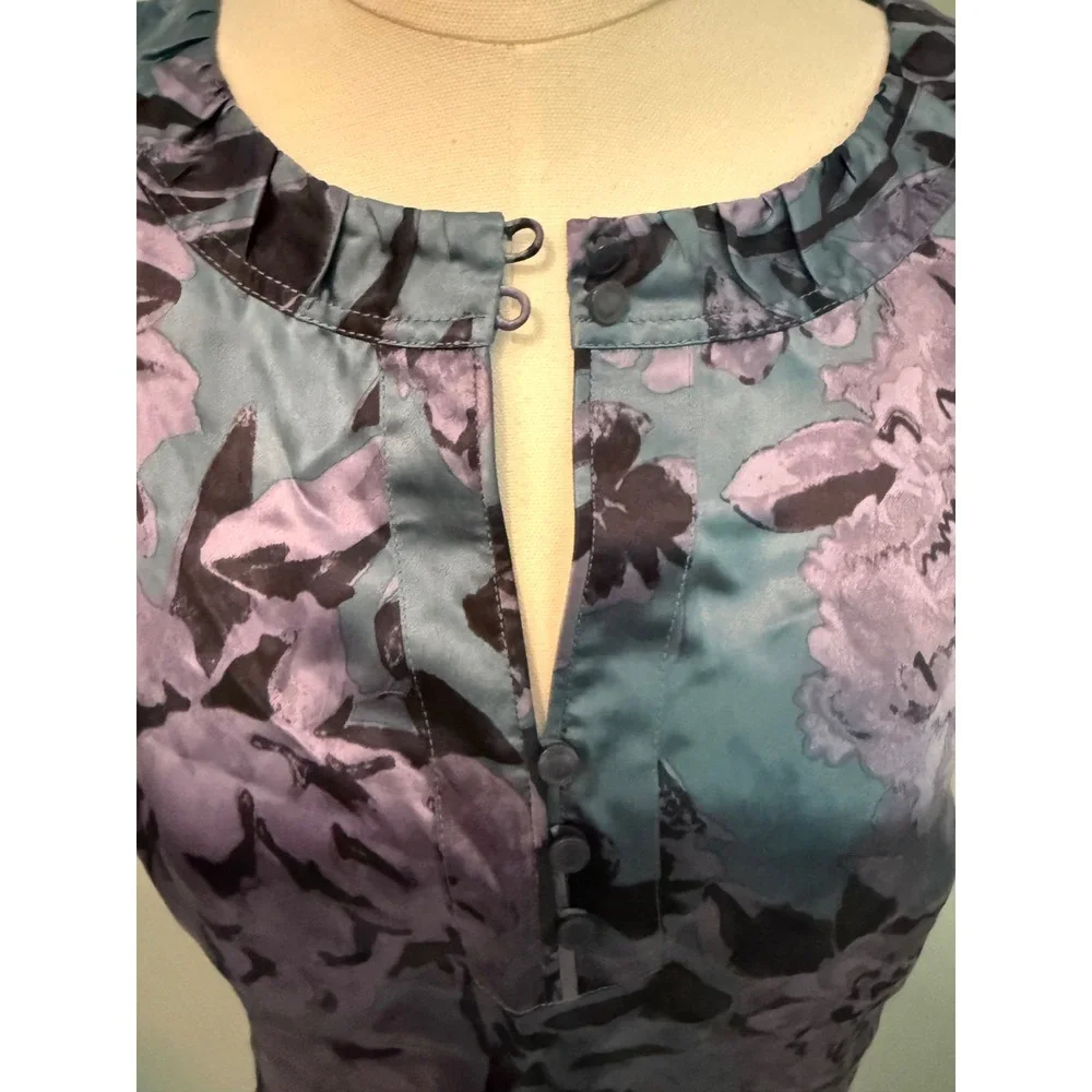 Tory Burch Teal Purple Floral Silk Blend Sleeveless Ruffle‎ Neck Blouse Size 6